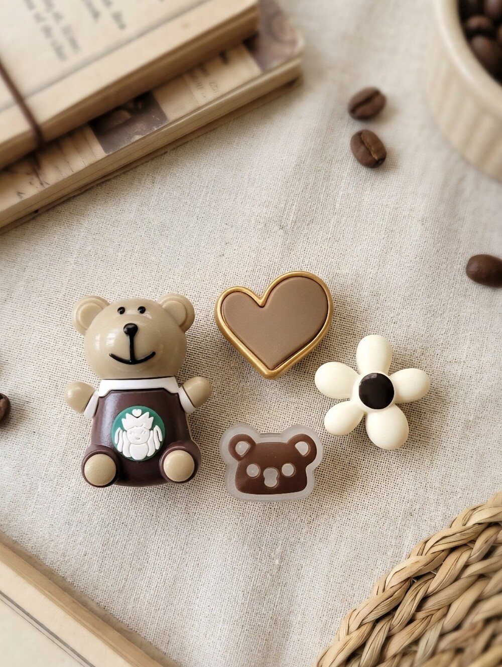 Cute Beige Bear & Flower Shoe Charm Set - Neutral Colors